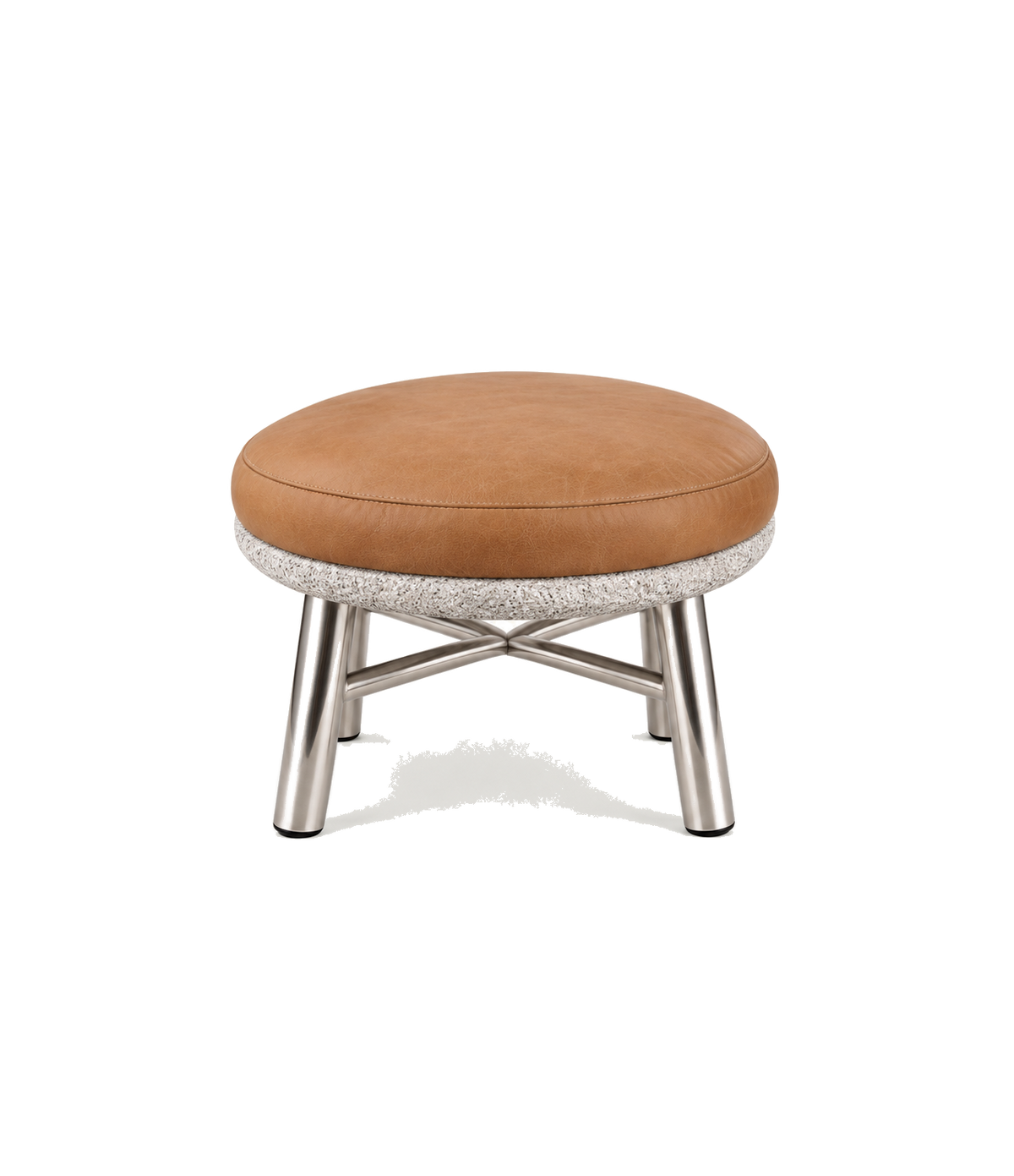 Tan leather-look stool with polished metal legs
