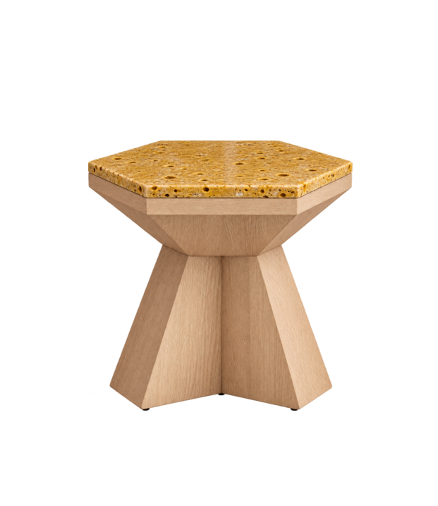 Oculus Side Table 450 – yellow lava stone and pale oak