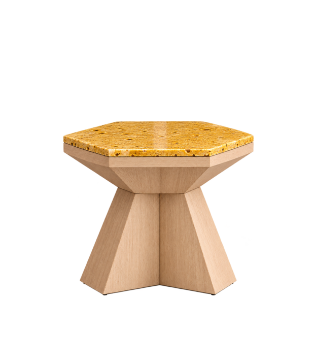 Oculus Side Table 700 – yellow lava stone and pale oak