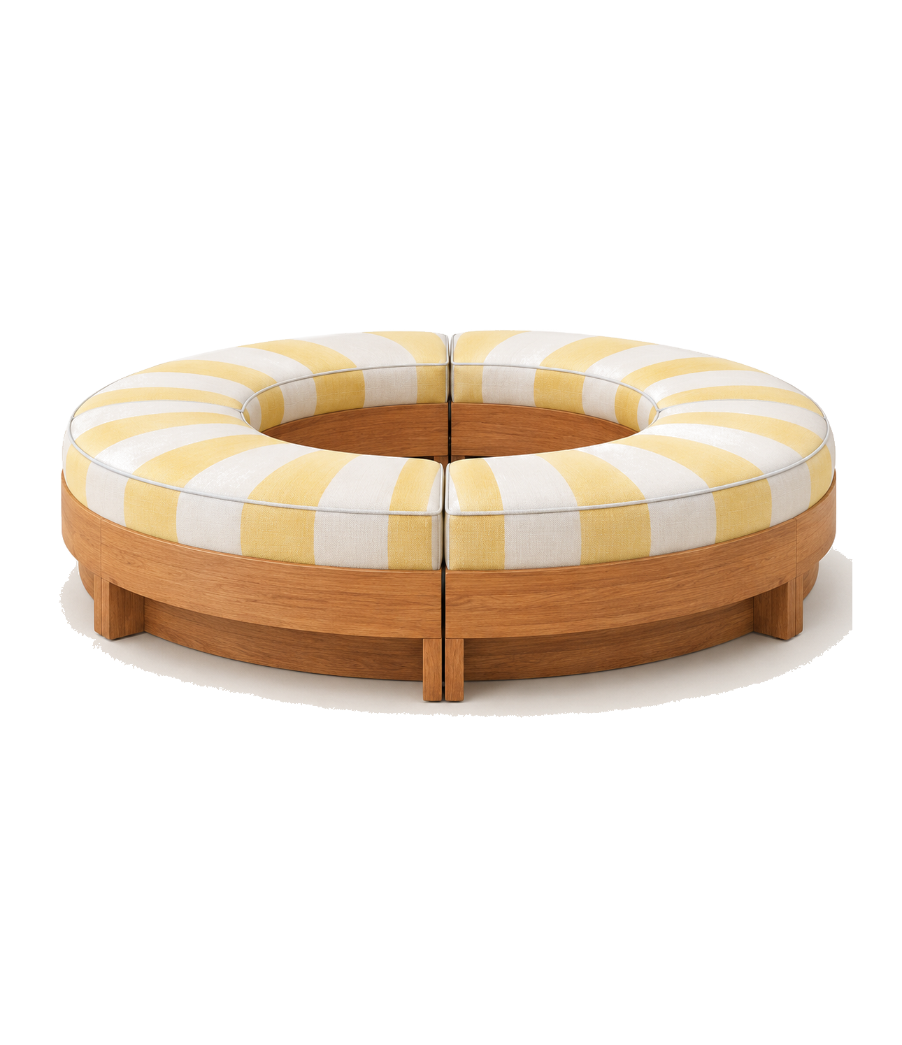 Raes Golden Stripe circular bench in yellow-and-white stripe upholstery